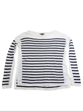 VINCE Intarsia Striped Linen Sweater Pullover in White/Dark Navy Size Large